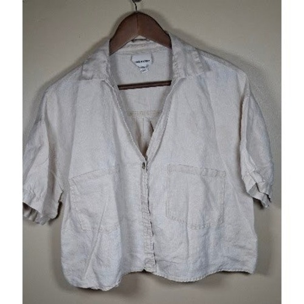 Industry Womens 100% Linen Short Sleeve Button Down Cropped Shirt Oatmeal L